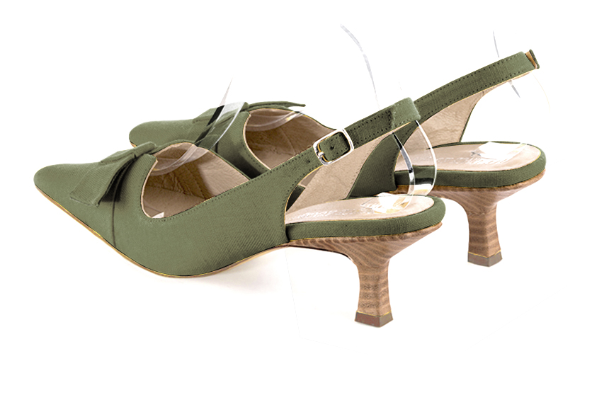 Khaki green women's open back shoes, with a knot. Tapered toe. Medium spool heels. Rear view - Florence KOOIJMAN